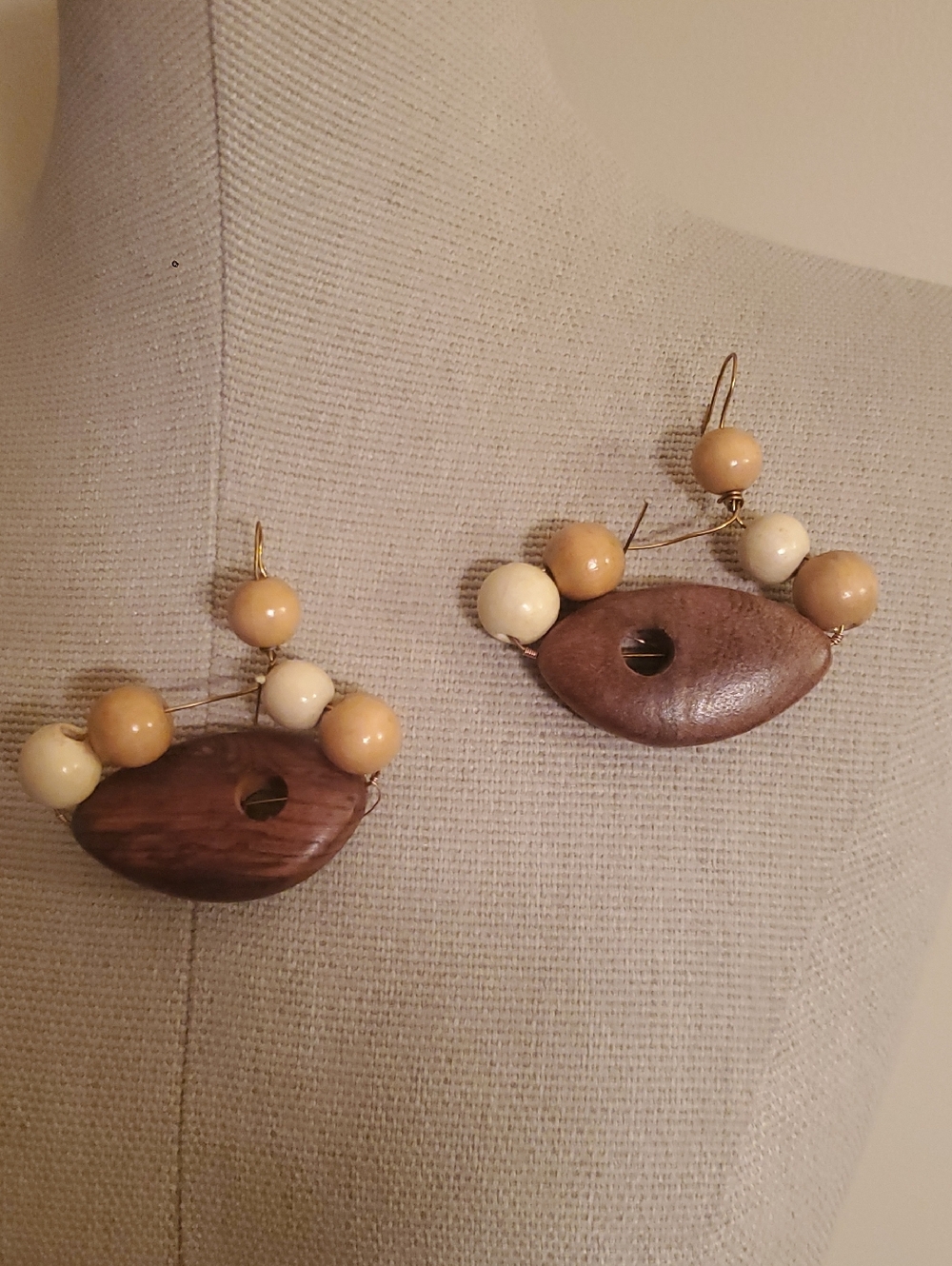 Handcrafted Wooden Hoop Earrings with Cream and Tan Beads